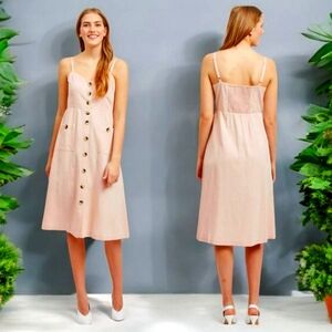 VILA Blush Pink Button Front Midi Dress Smocked Back Size S EU 36 Cottagecore
